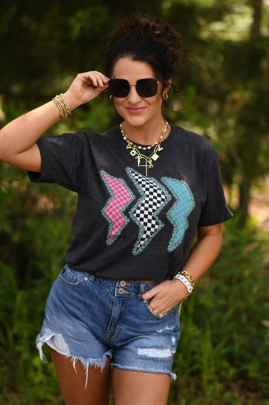 Western checkered bolts tee