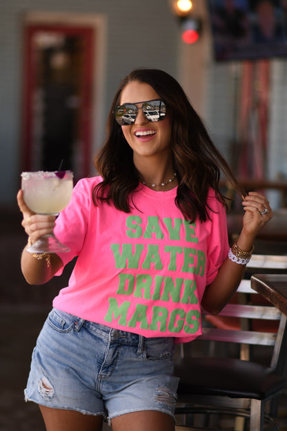 Save water drink margs graphic tee, neon pink, neon green, summer, alcohol, funny