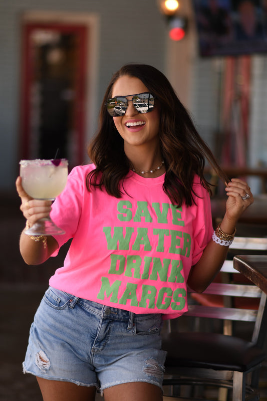 Save water drink margs graphic tee, neon pink, neon green, summer, alcohol, funny