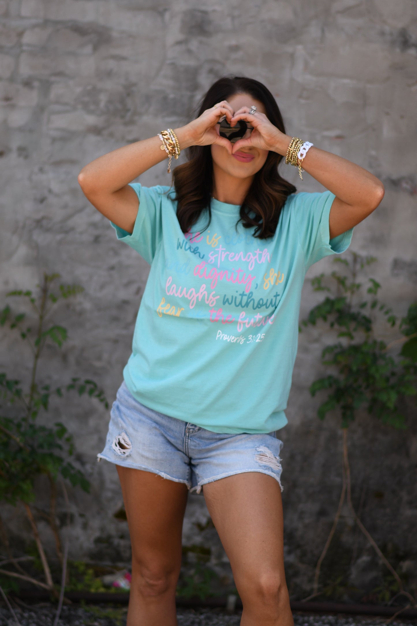 She Is Clothed With Strength Proverbs Tee, faith, blue shirt, color blast, comfort colors