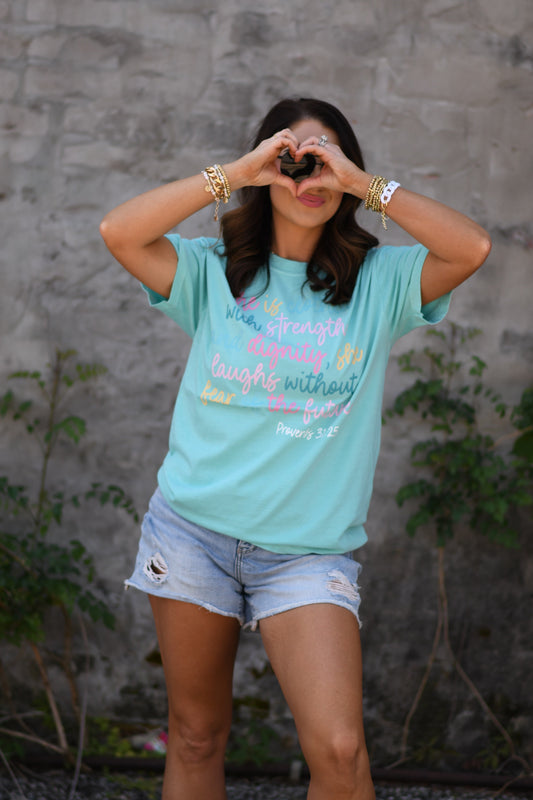 She Is Clothed With Strength Proverbs Tee, faith, blue shirt, color blast, comfort colors