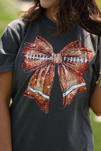 Faux Glitter Bow Football Comfort Colors Youth/Adult Tees