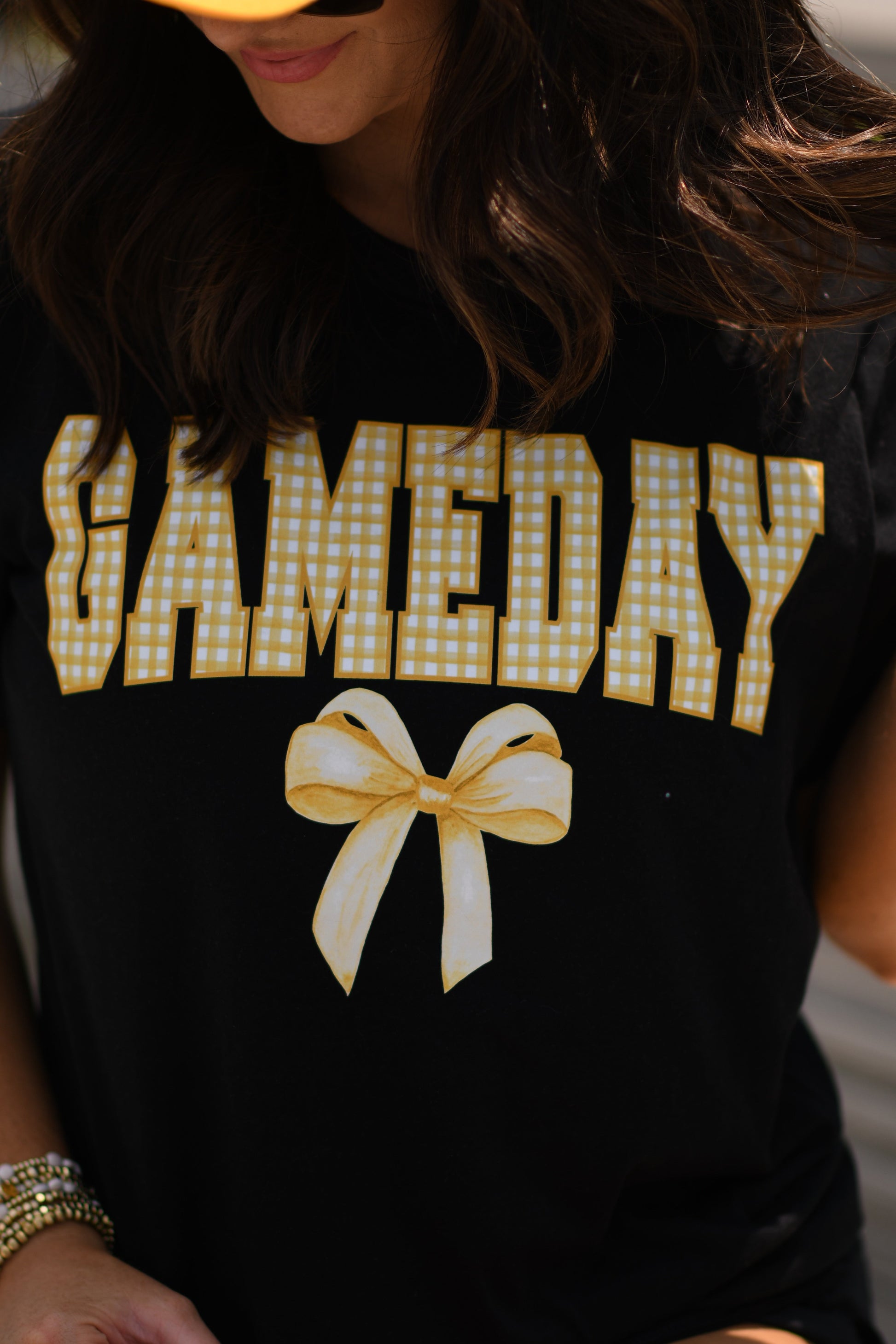 Gold Game Day Gingham Bow Toddler/Youth/Adult Tees