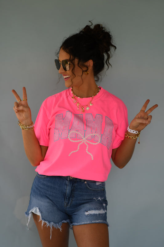 Mama neon pearl bow tee