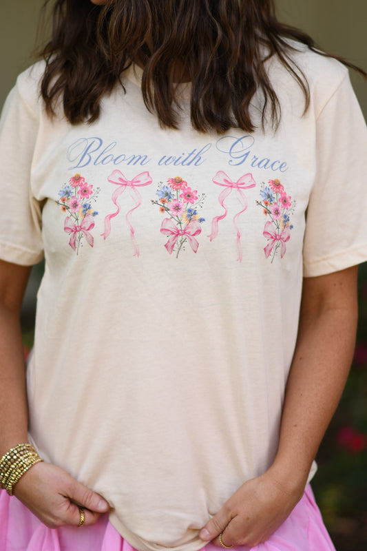 Bloom With Grace Floral Tee, shirt, flowers, spring, faith, Bella canvas, bows, short sleeve, unisex