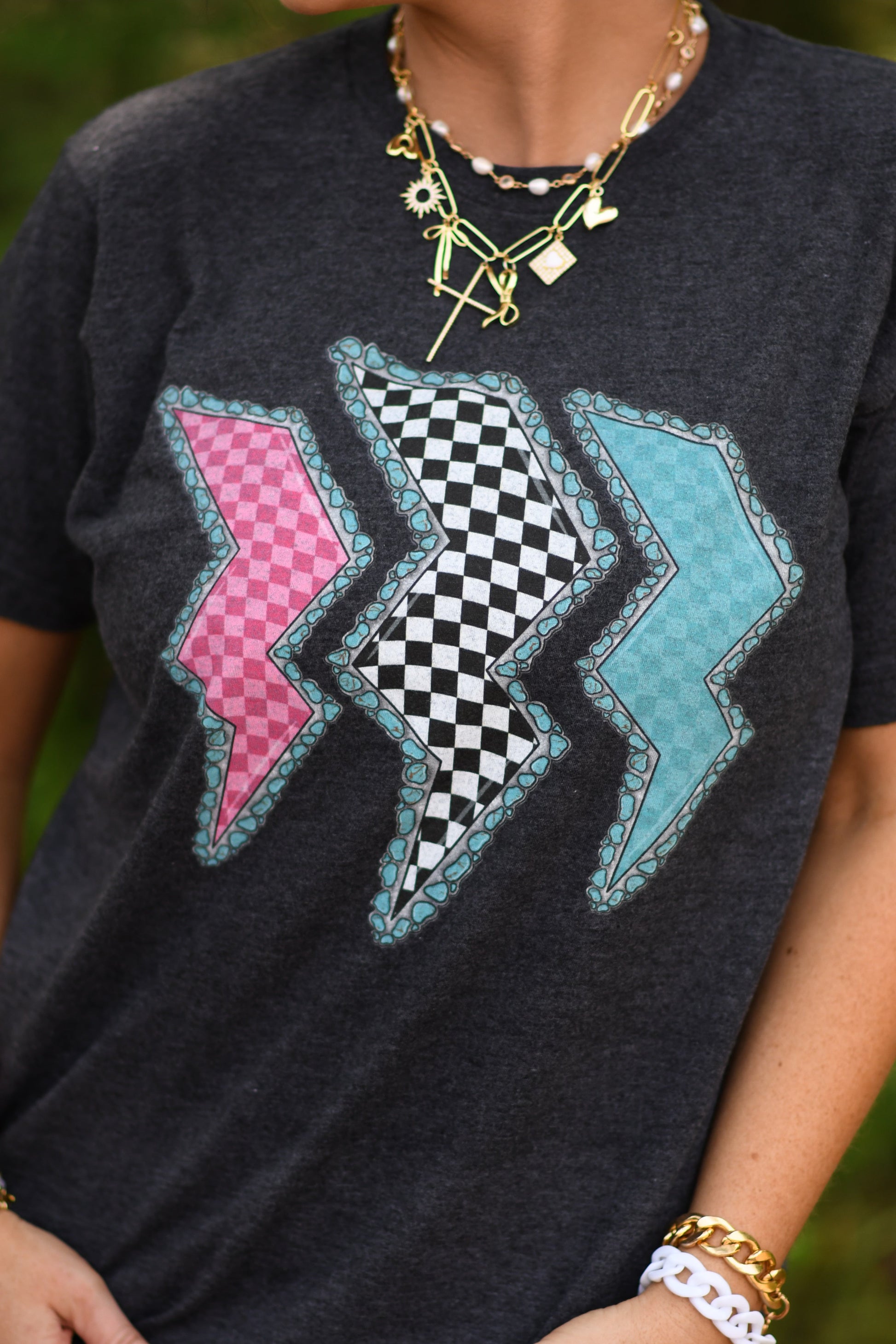 Western checkered bolts tee