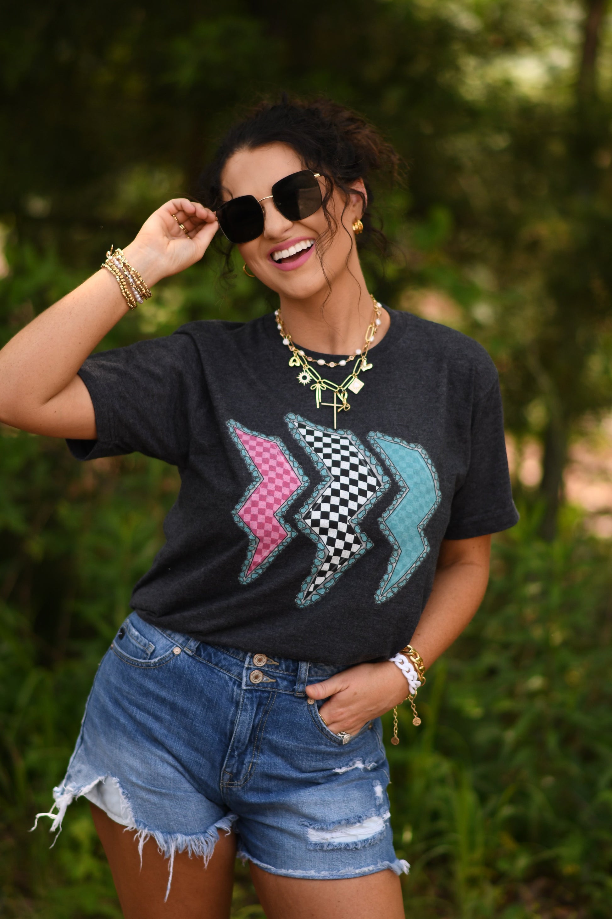 Western checkered bolts tee