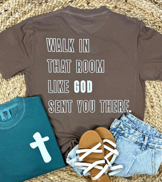 God Sent You Comfort Colors Tees, espresso, emerald, brown, green, faith, God, cross, front chest, design on back